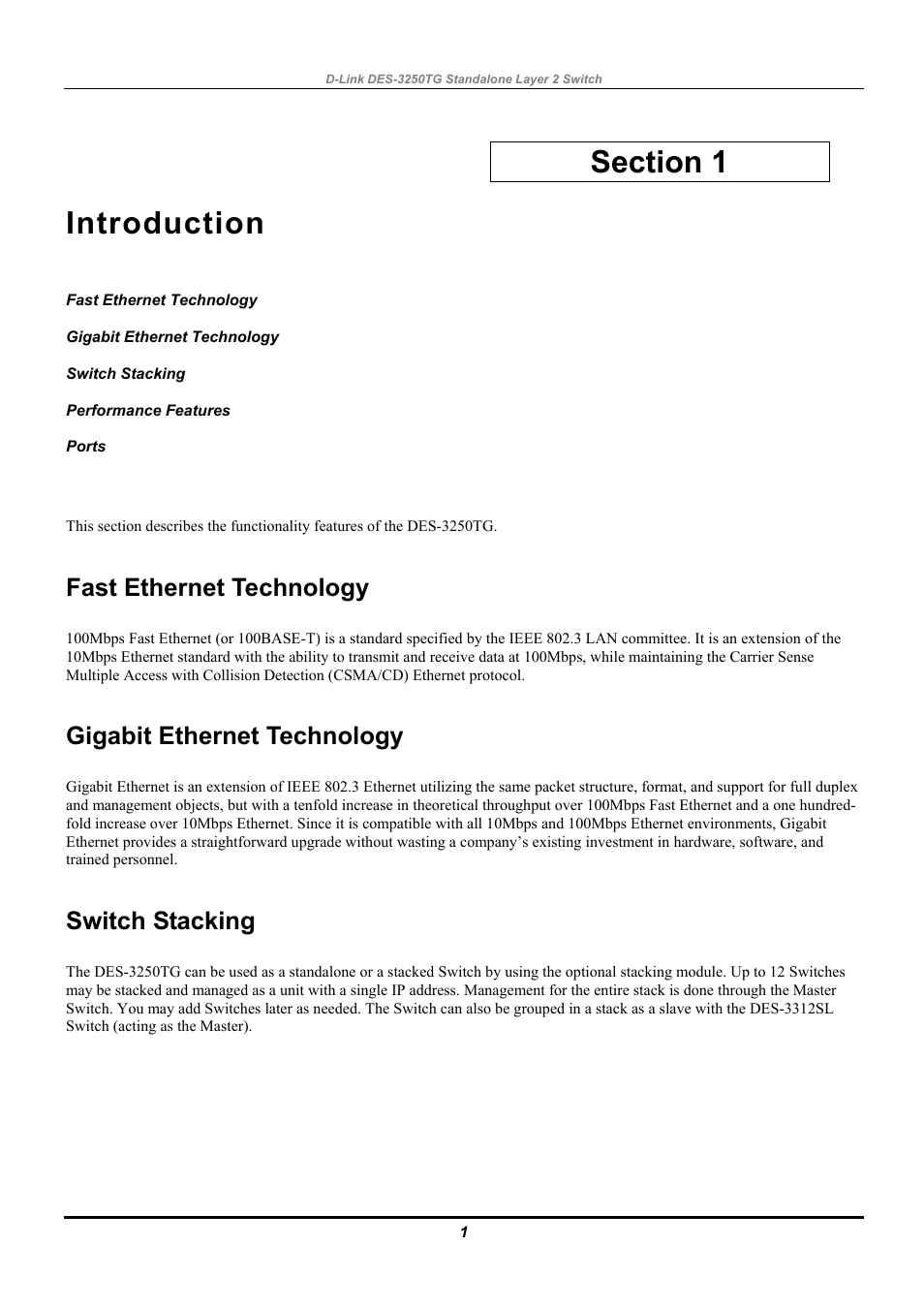 Introduction, Fast ethernet technology, Gigabit ethernet technology | Switch stacking, Performance features, Ports | D-Link DES-3250TG User Manual | Page 11 / 186