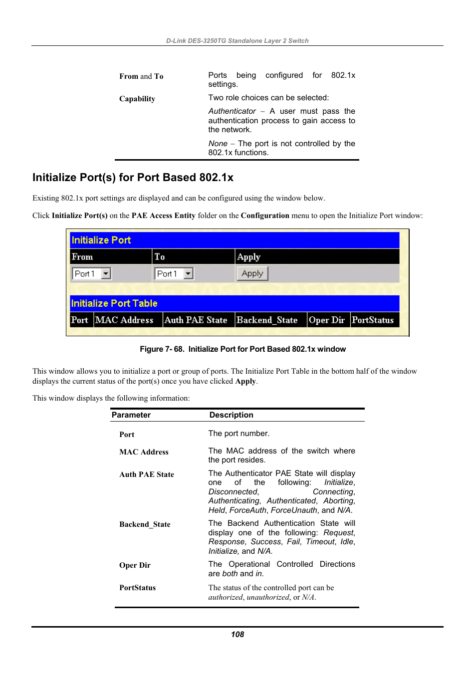 Initialize port(s) for port based 802.1x | D-Link DES-3250TG User Manual | Page 118 / 186