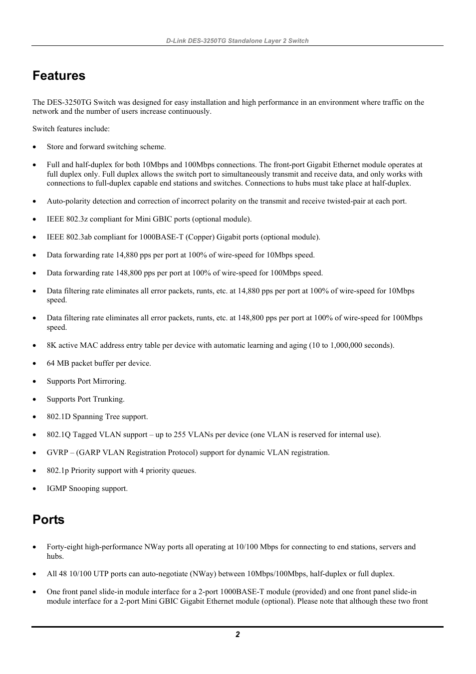 Features, Ports | D-Link DES-3250TG User Manual | Page 12 / 186