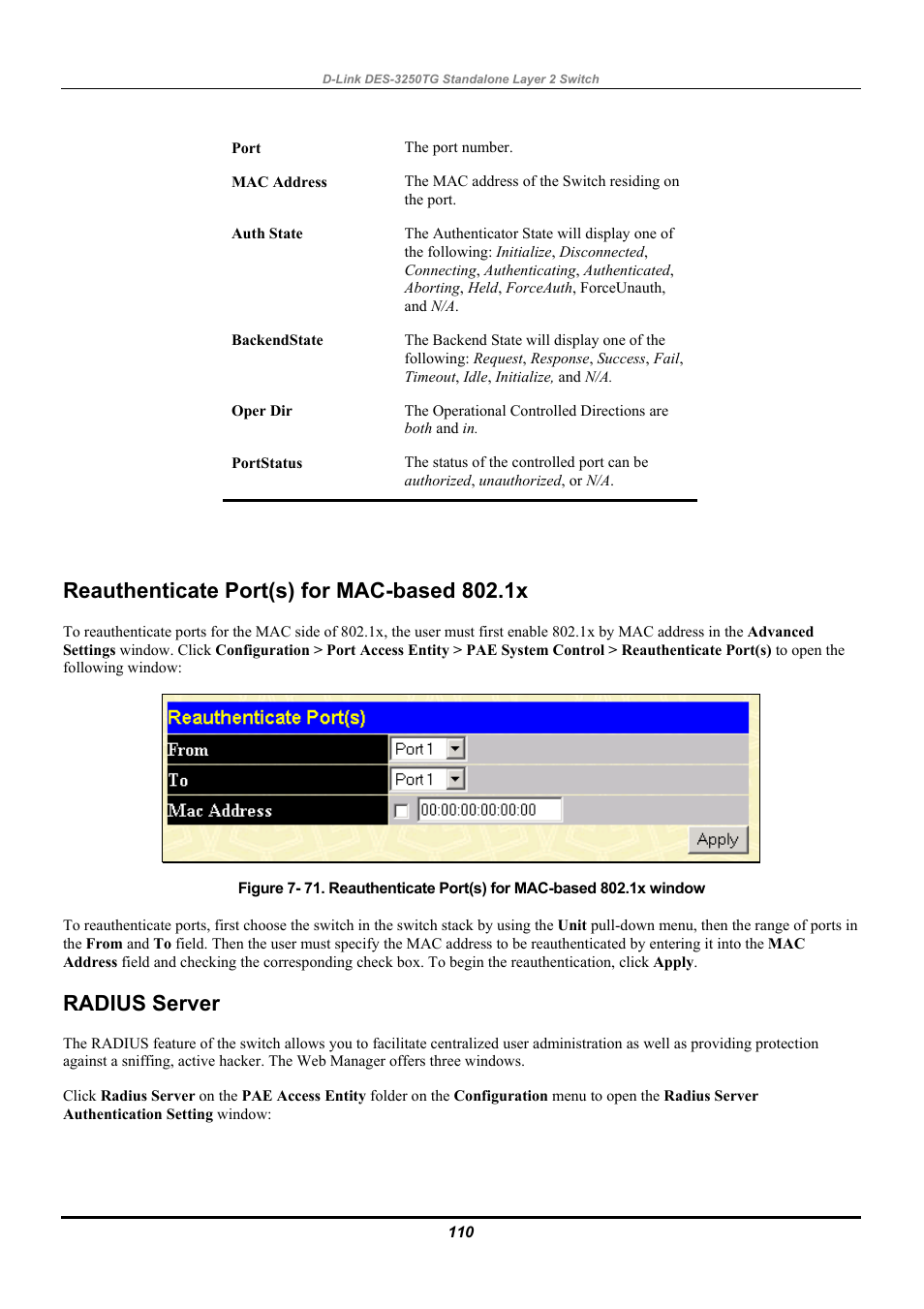 Reauthenticate port(s) for mac-based 802.1x, Radius server | D-Link DES-3250TG User Manual | Page 120 / 186