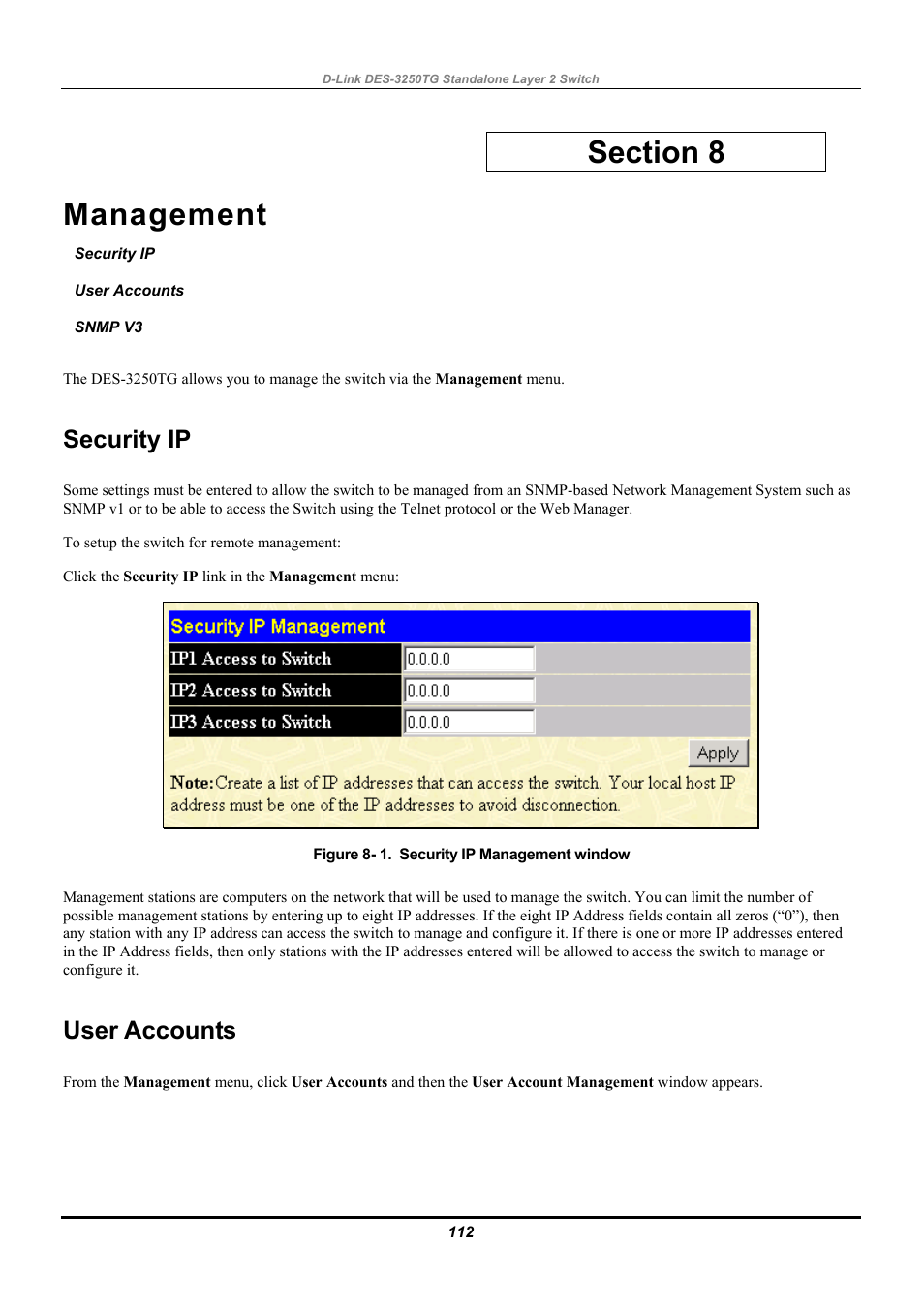 Management, Security ip, User accounts | Snmp v3 | D-Link DES-3250TG User Manual | Page 122 / 186