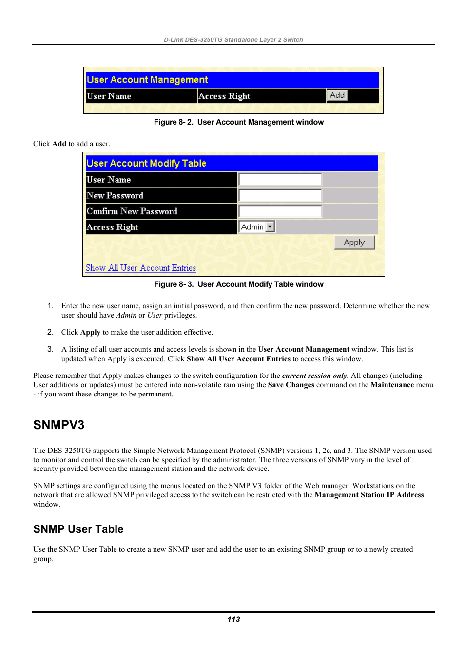 Snmpv3, Snmp user table | D-Link DES-3250TG User Manual | Page 123 / 186