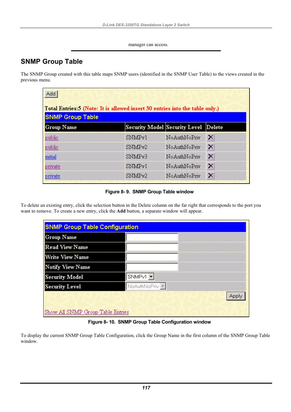 Snmp group table | D-Link DES-3250TG User Manual | Page 127 / 186