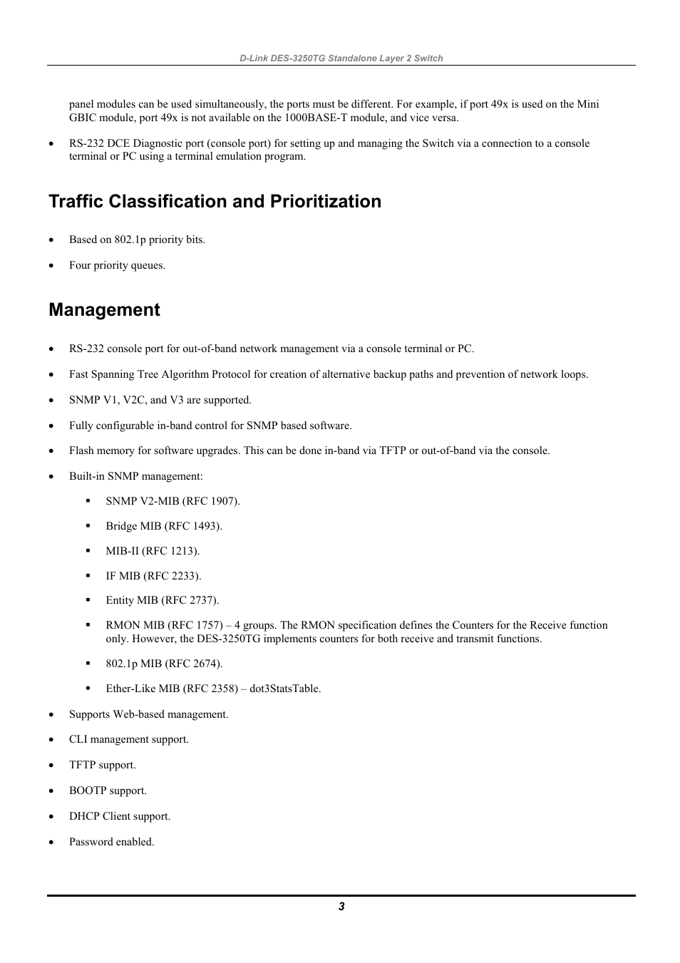 Traffic classification and prioritization, Management | D-Link DES-3250TG User Manual | Page 13 / 186