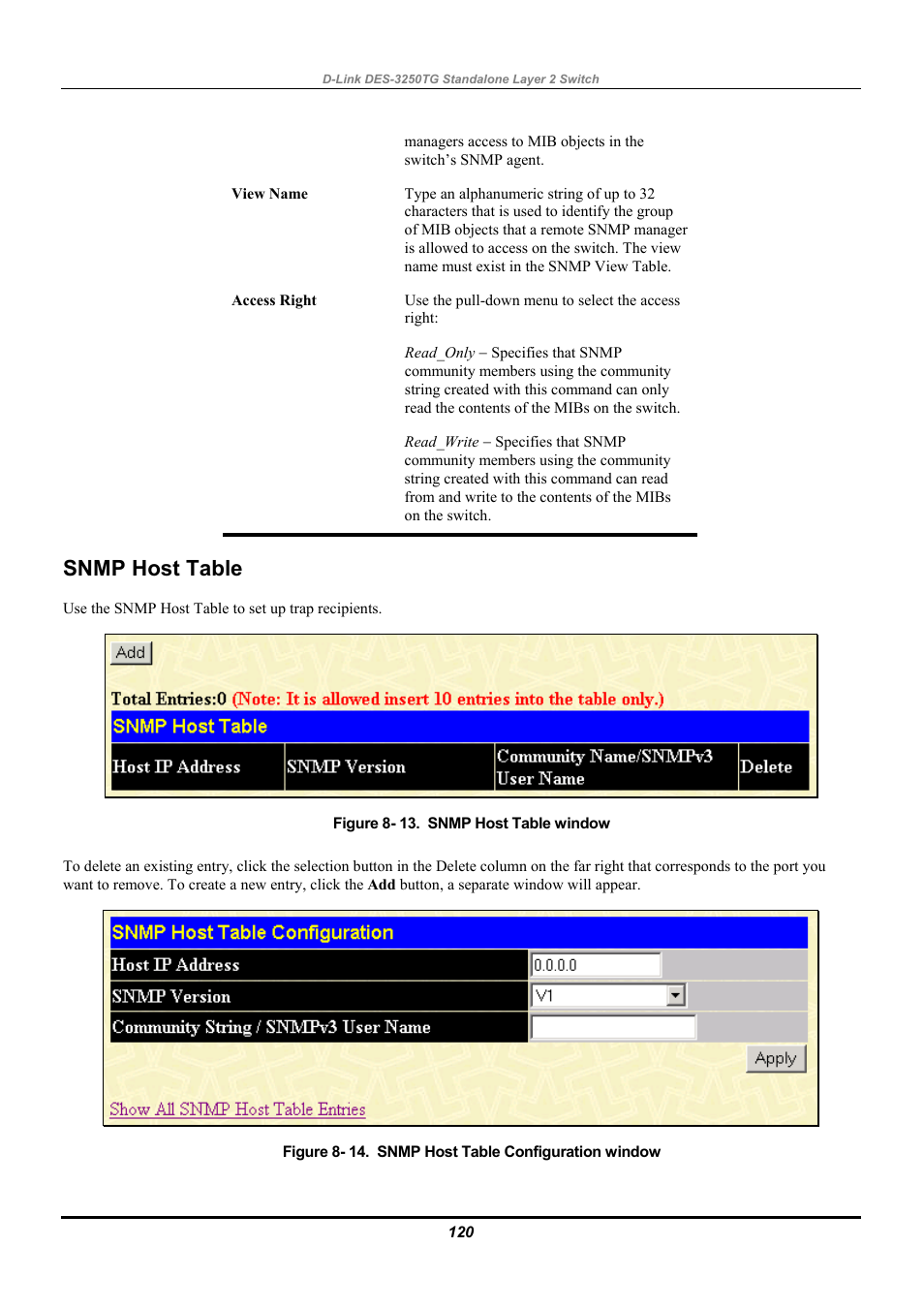 Snmp host table | D-Link DES-3250TG User Manual | Page 130 / 186