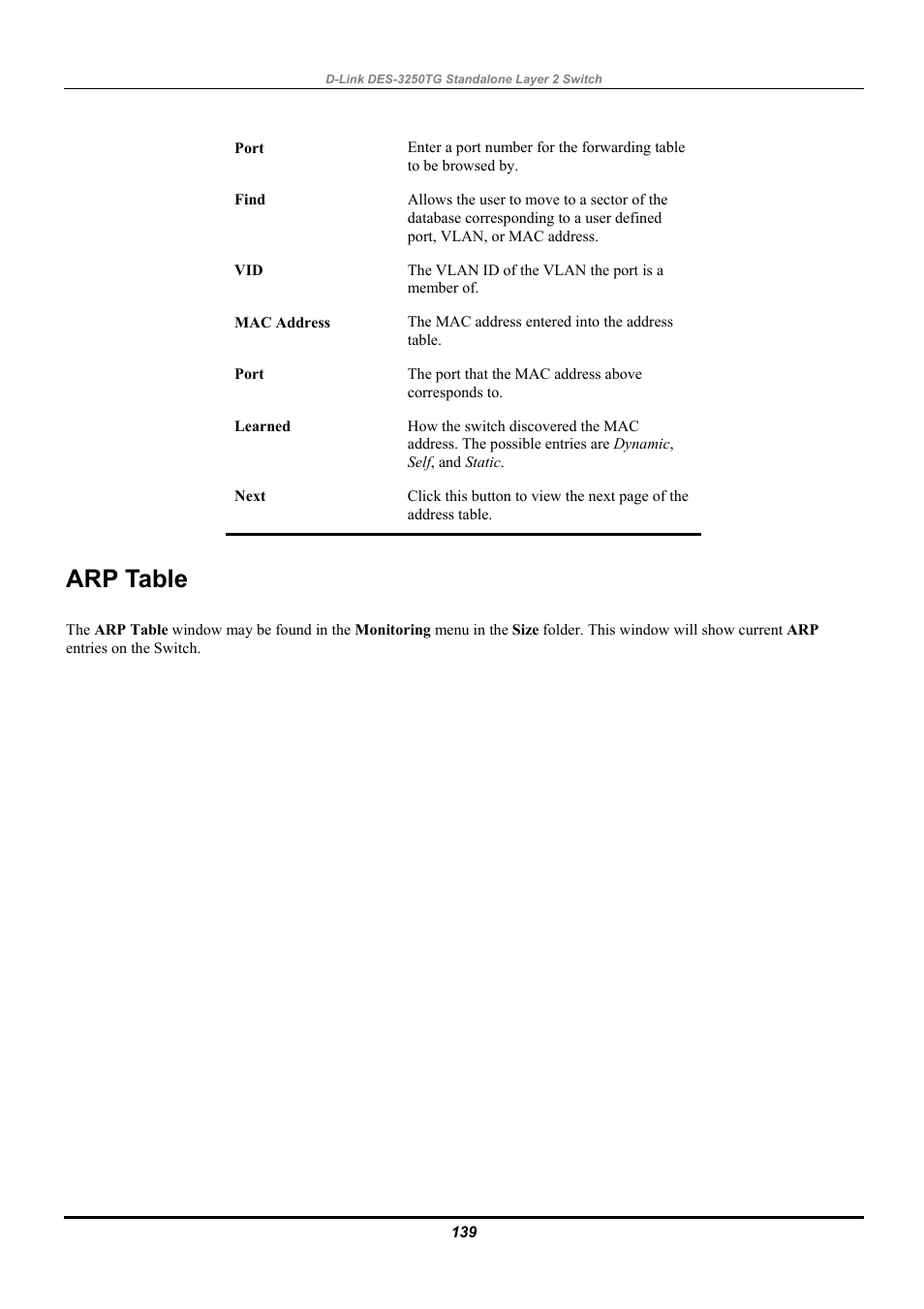 Arp table | D-Link DES-3250TG User Manual | Page 149 / 186