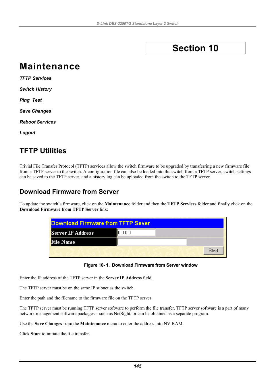 Maintenance, Tftp services, Switch history | Ping test, Save changes, Reboot services, Logout, Tftp utilities, Download firmware from server | D-Link DES-3250TG User Manual | Page 155 / 186