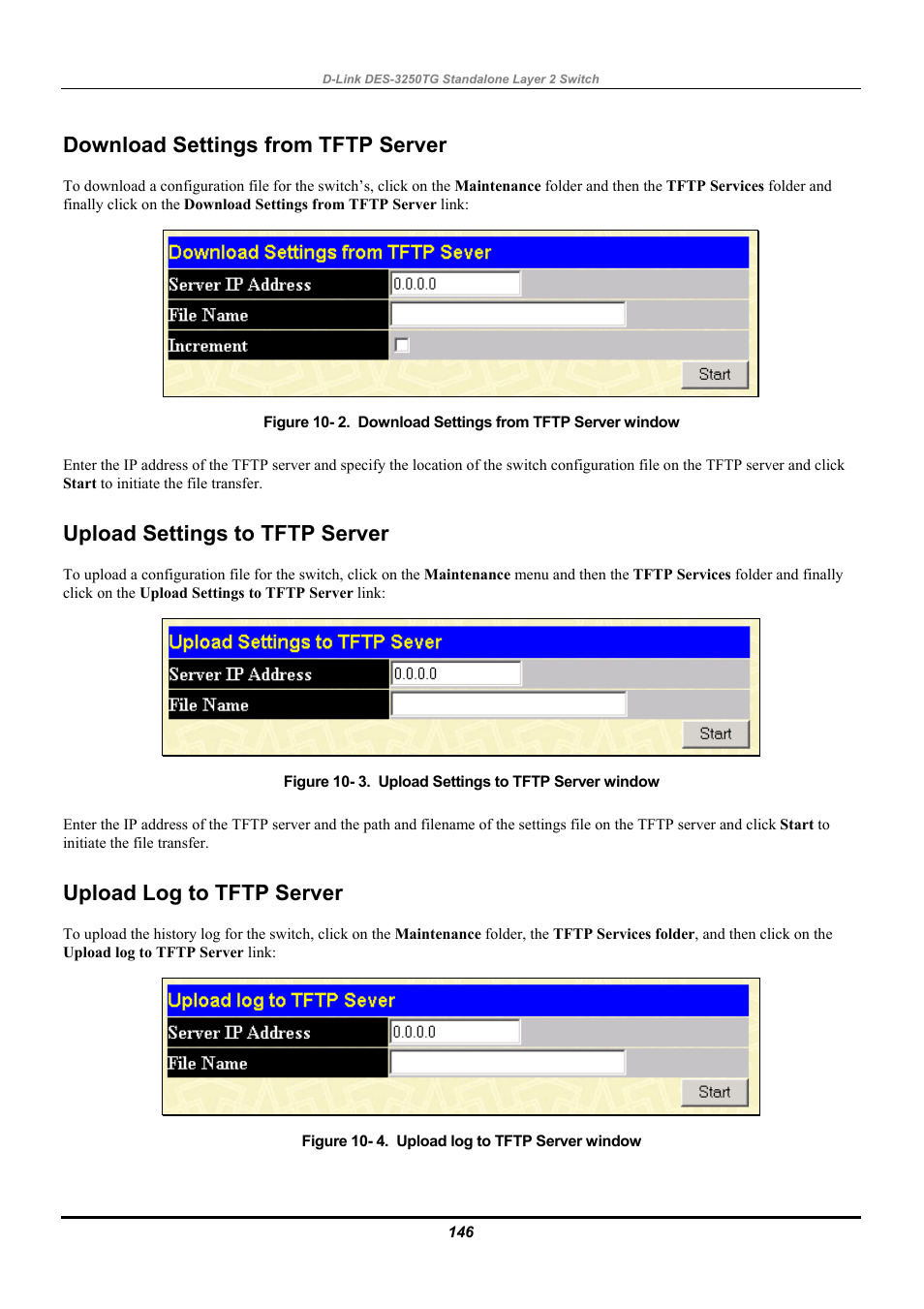 Download settings from tftp server, Upload settings to tftp server, Upload log to tftp server | D-Link DES-3250TG User Manual | Page 156 / 186