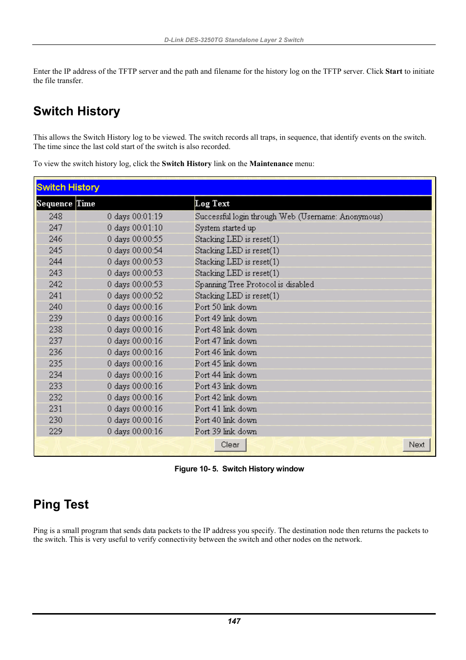 Switch history, Ping test | D-Link DES-3250TG User Manual | Page 157 / 186