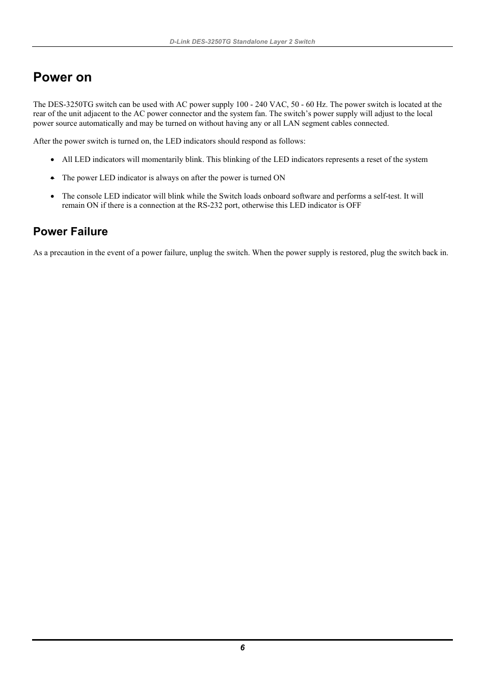 Power on, Power failure | D-Link DES-3250TG User Manual | Page 16 / 186