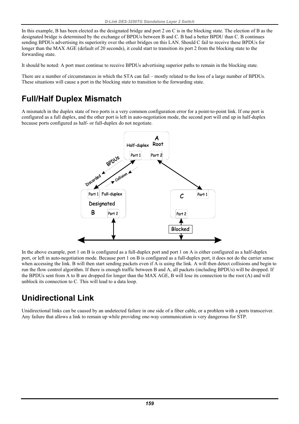 Full/half duplex mismatch, Unidirectional link | D-Link DES-3250TG User Manual | Page 169 / 186