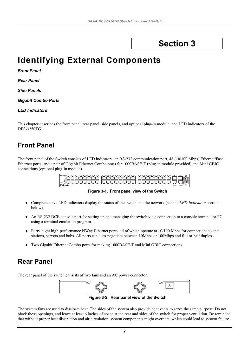Identifying external components, Front panel, Rear panel | Side panels, Gigabit combo ports, Led indicators | D-Link DES-3250TG User Manual | Page 17 / 186