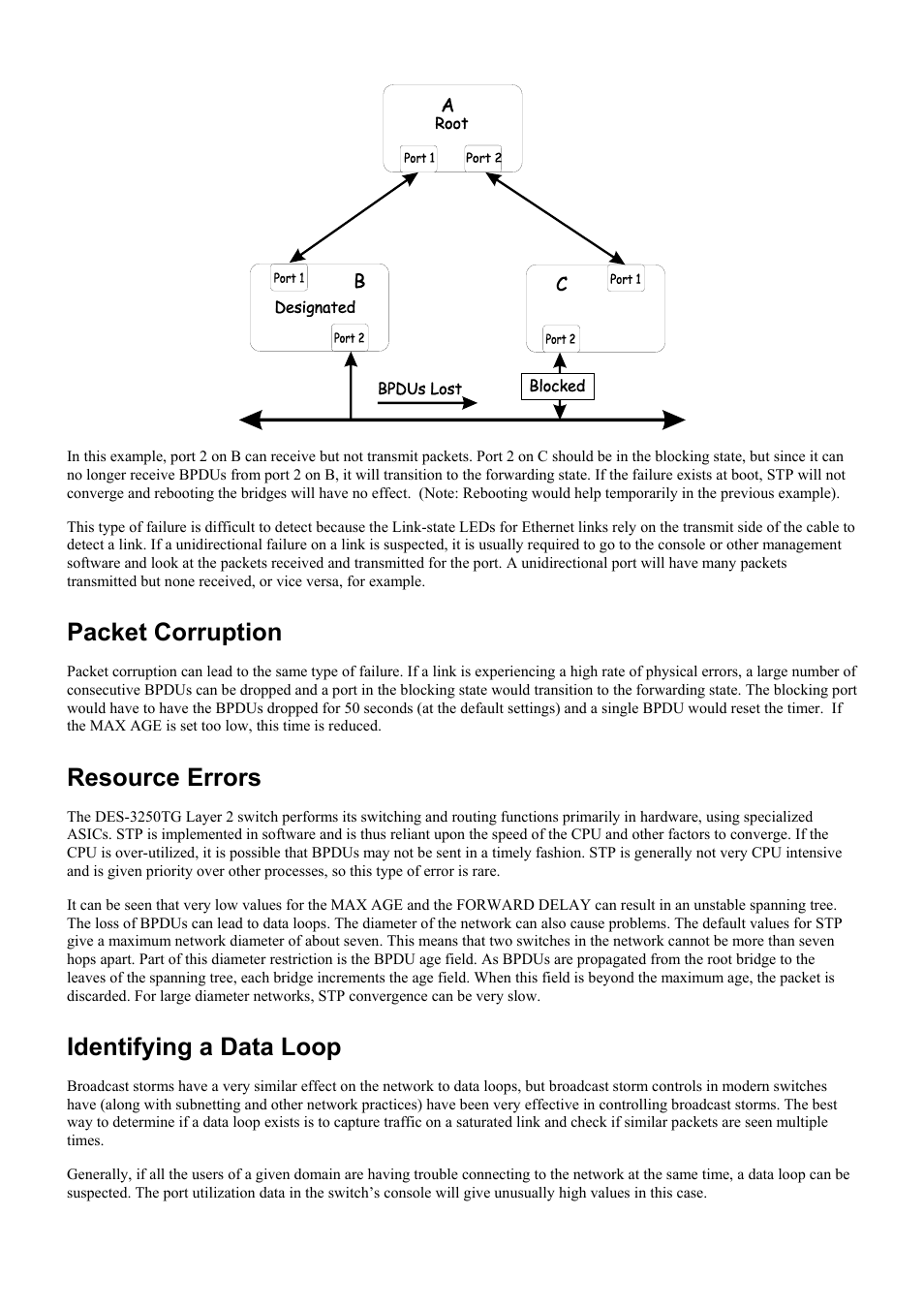 Packet corruption, Resource errors, Identifying a data loop | D-Link DES-3250TG User Manual | Page 170 / 186