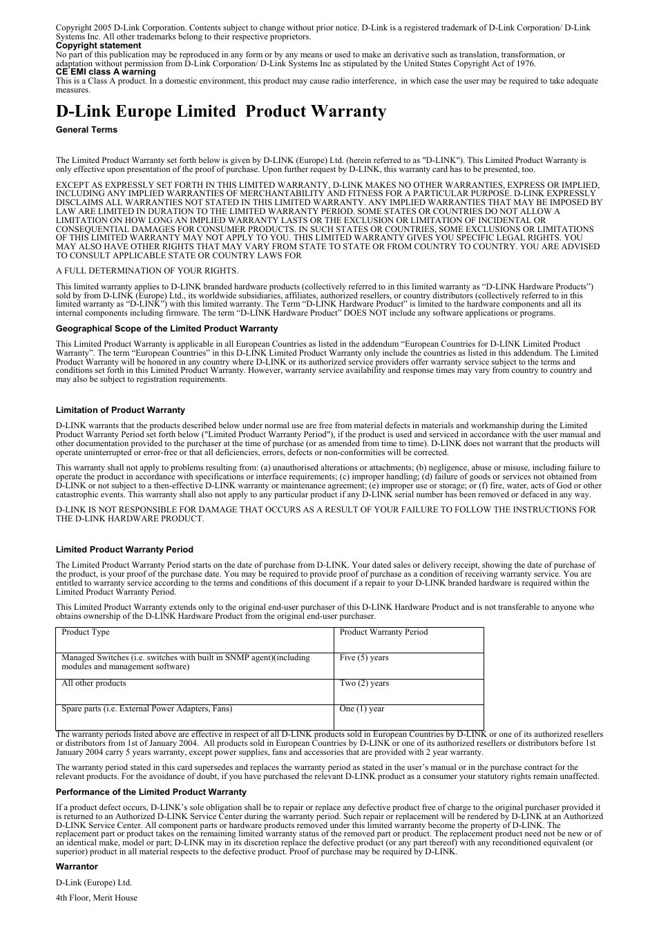 D-link europe limited product warranty | D-Link DES-3250TG User Manual | Page 178 / 186