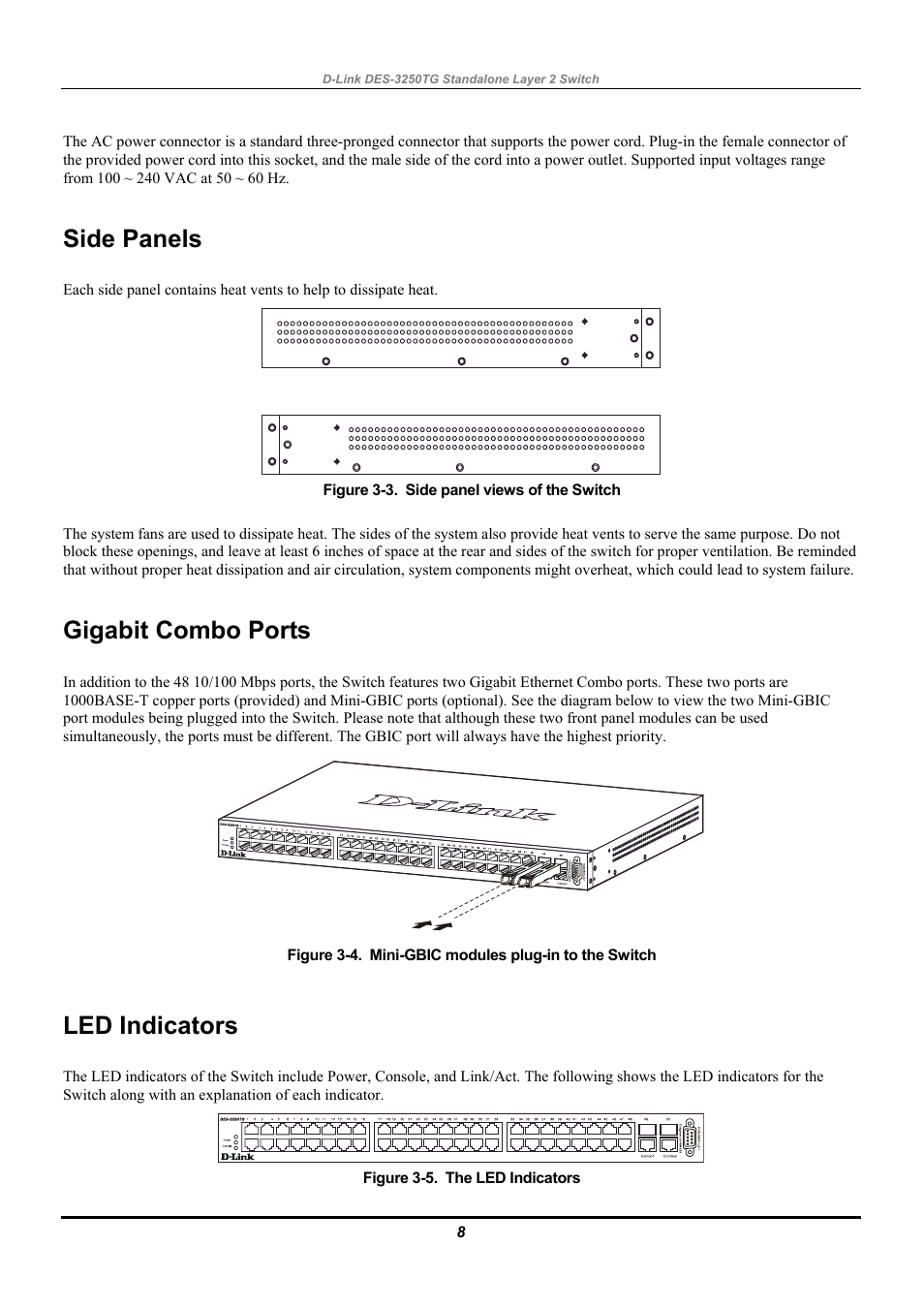 Side panels, Gigabit combo ports, Led indicators | D-Link DES-3250TG User Manual | Page 18 / 186