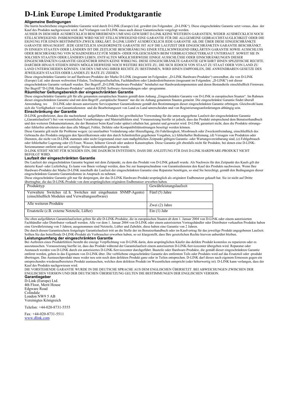 D-link europe limited produktgarantie | D-Link DES-3250TG User Manual | Page 180 / 186