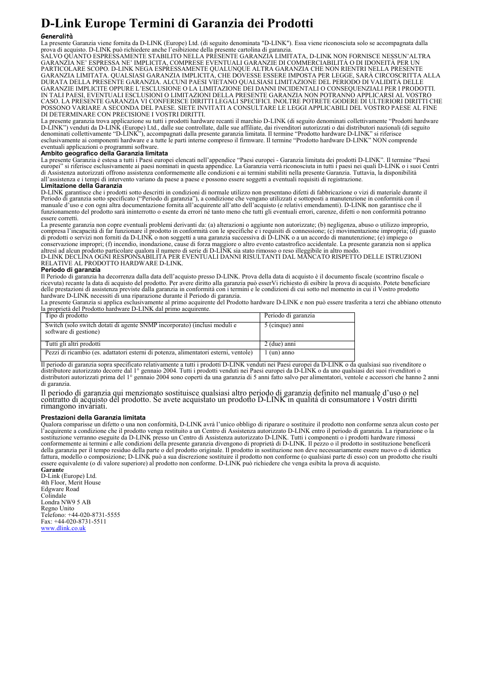 D-link europe termini di garanzia dei prodotti | D-Link DES-3250TG User Manual | Page 183 / 186