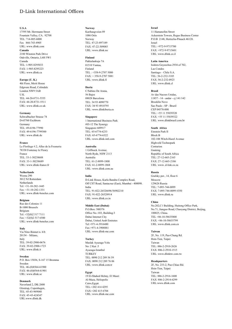 D-link international offices | D-Link DES-3250TG User Manual | Page 184 / 186