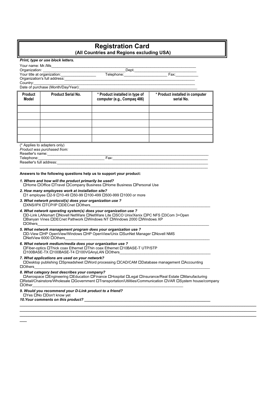 Registration card | D-Link DES-3250TG User Manual | Page 185 / 186