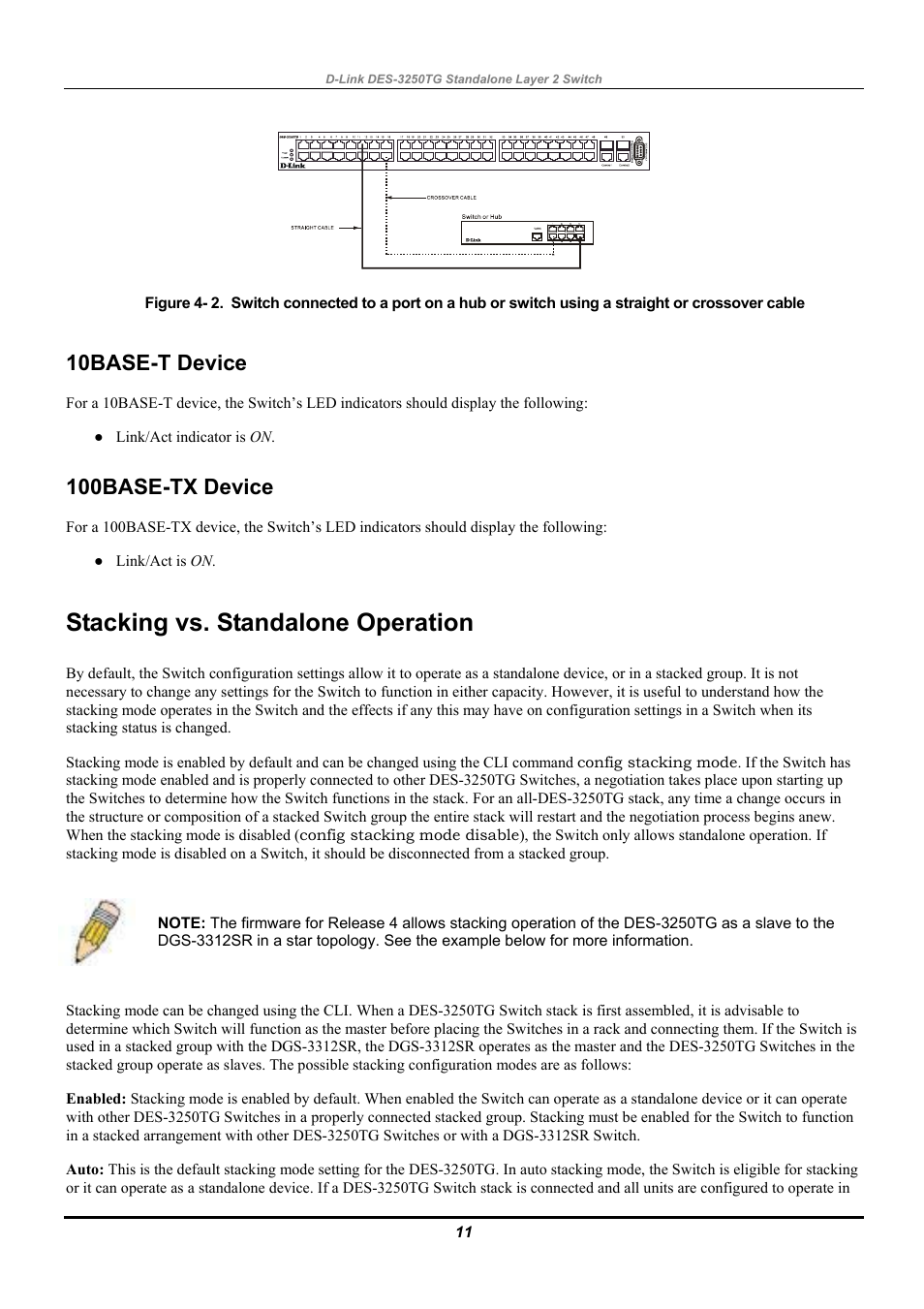 10base-t device, 100base-tx device, Stacking vs. standalone operation | D-Link DES-3250TG User Manual | Page 21 / 186