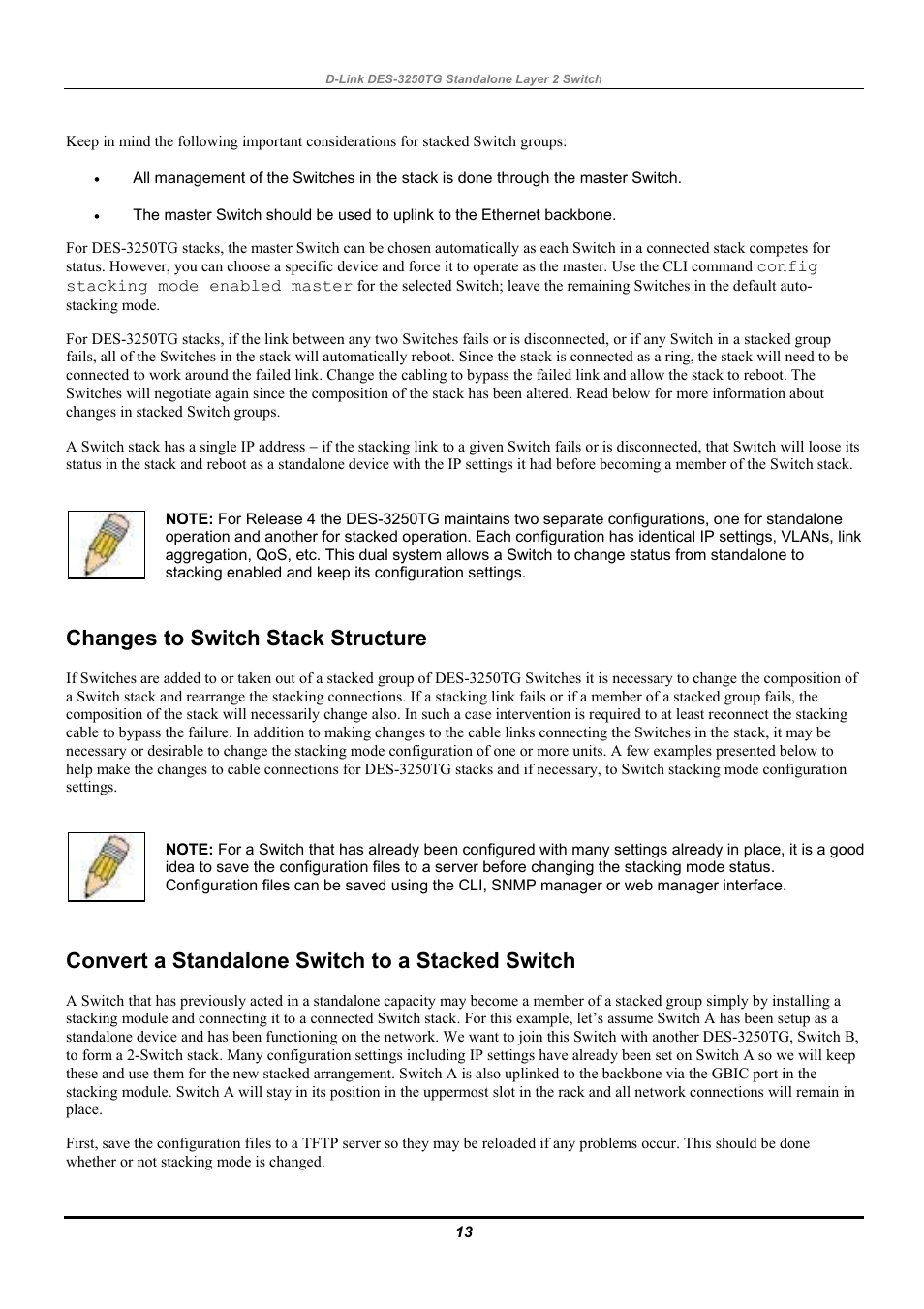 Changes to switch stack structure, Convert a standalone switch to a stacked switch | D-Link DES-3250TG User Manual | Page 23 / 186