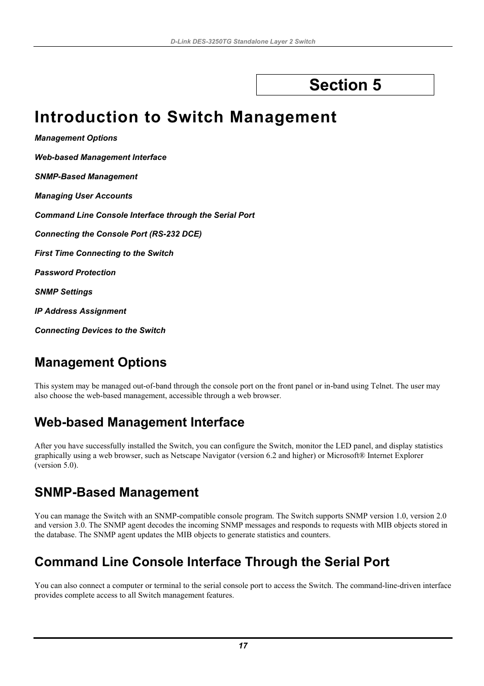 Introduction to switch management, Management options, Web-based management interface | Snmp-based management, Managing user accounts, Connecting the console port (rs-232 dce), First time connecting to the switch, Password protection, Snmp settings, Ip address assignment | D-Link DES-3250TG User Manual | Page 27 / 186