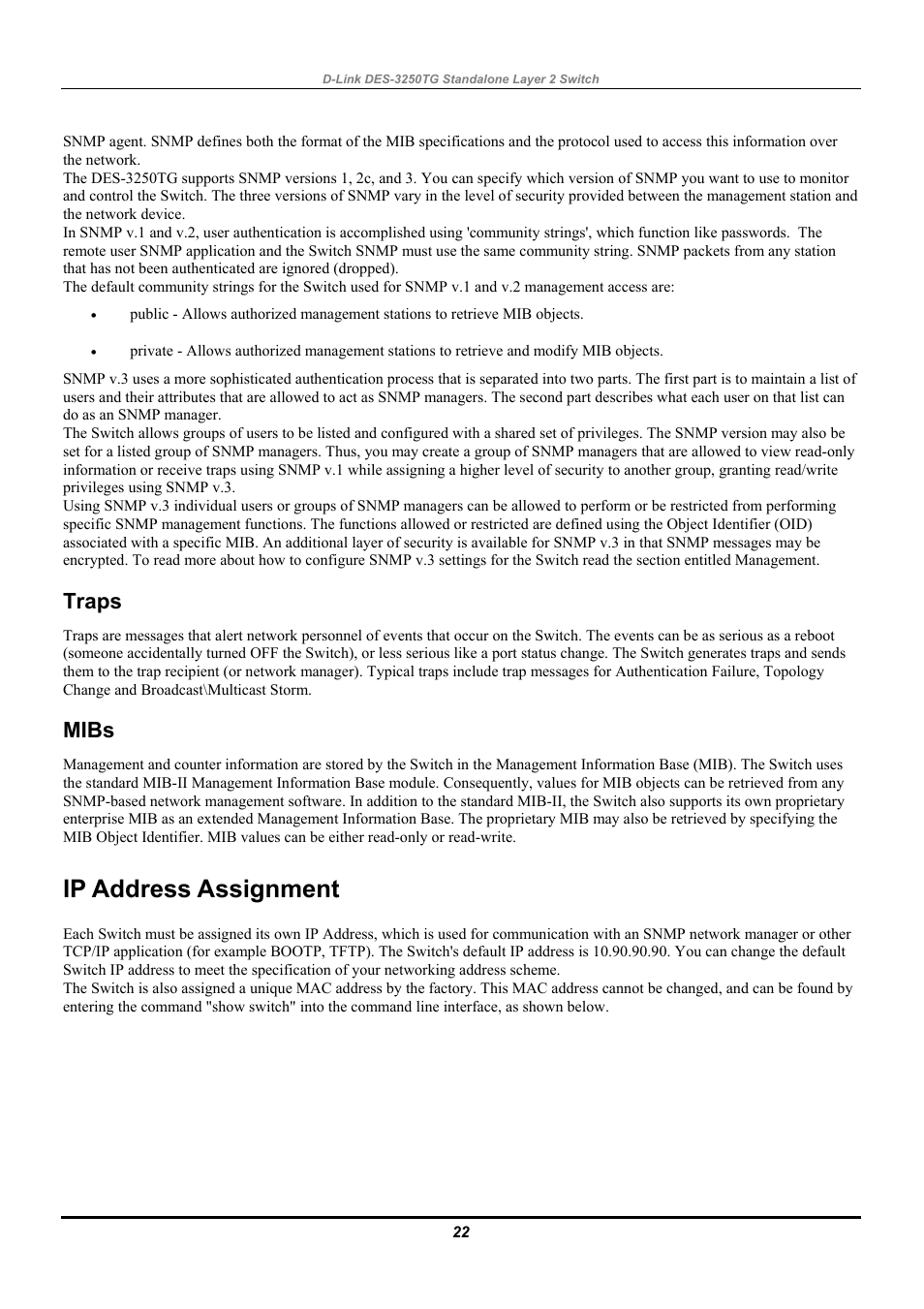 Traps, Mibs, Ip address assignment | D-Link DES-3250TG User Manual | Page 32 / 186