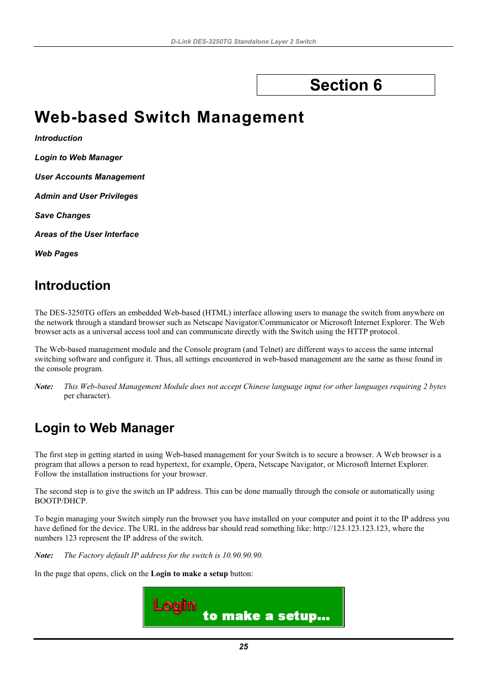 Web-based switch management, Introduction, Login to web manager | User accounts management, Admin and user privileges, Save changes, Areas of the user interface | D-Link DES-3250TG User Manual | Page 35 / 186