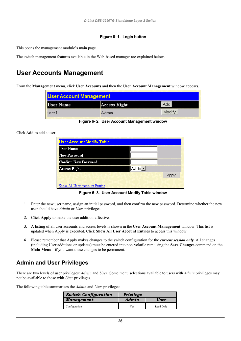 User accounts management, Admin and user privileges | D-Link DES-3250TG User Manual | Page 36 / 186