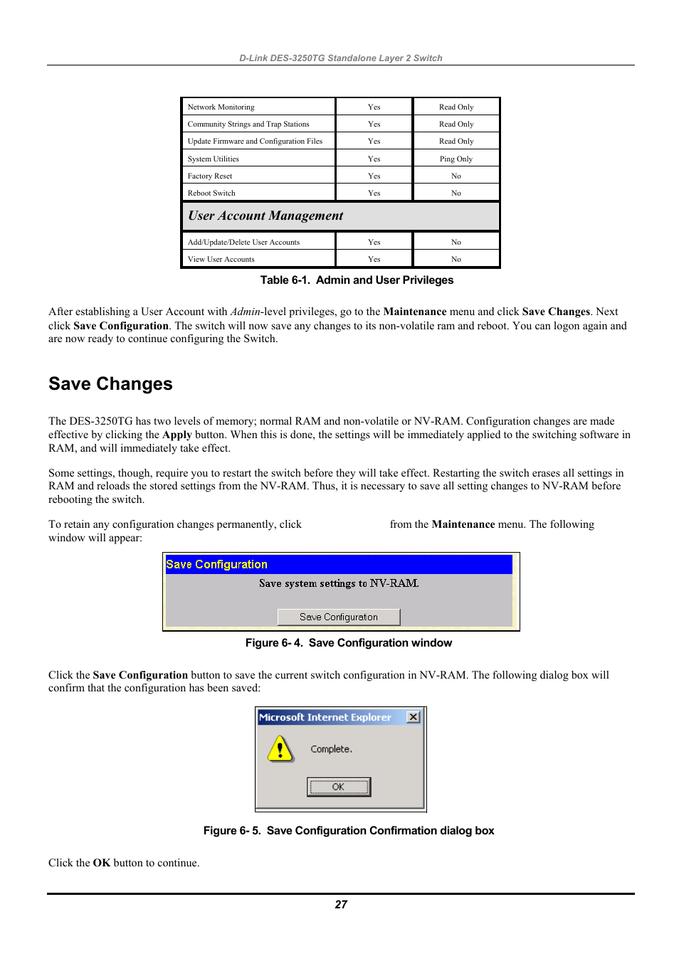 Save changes, User account management | D-Link DES-3250TG User Manual | Page 37 / 186