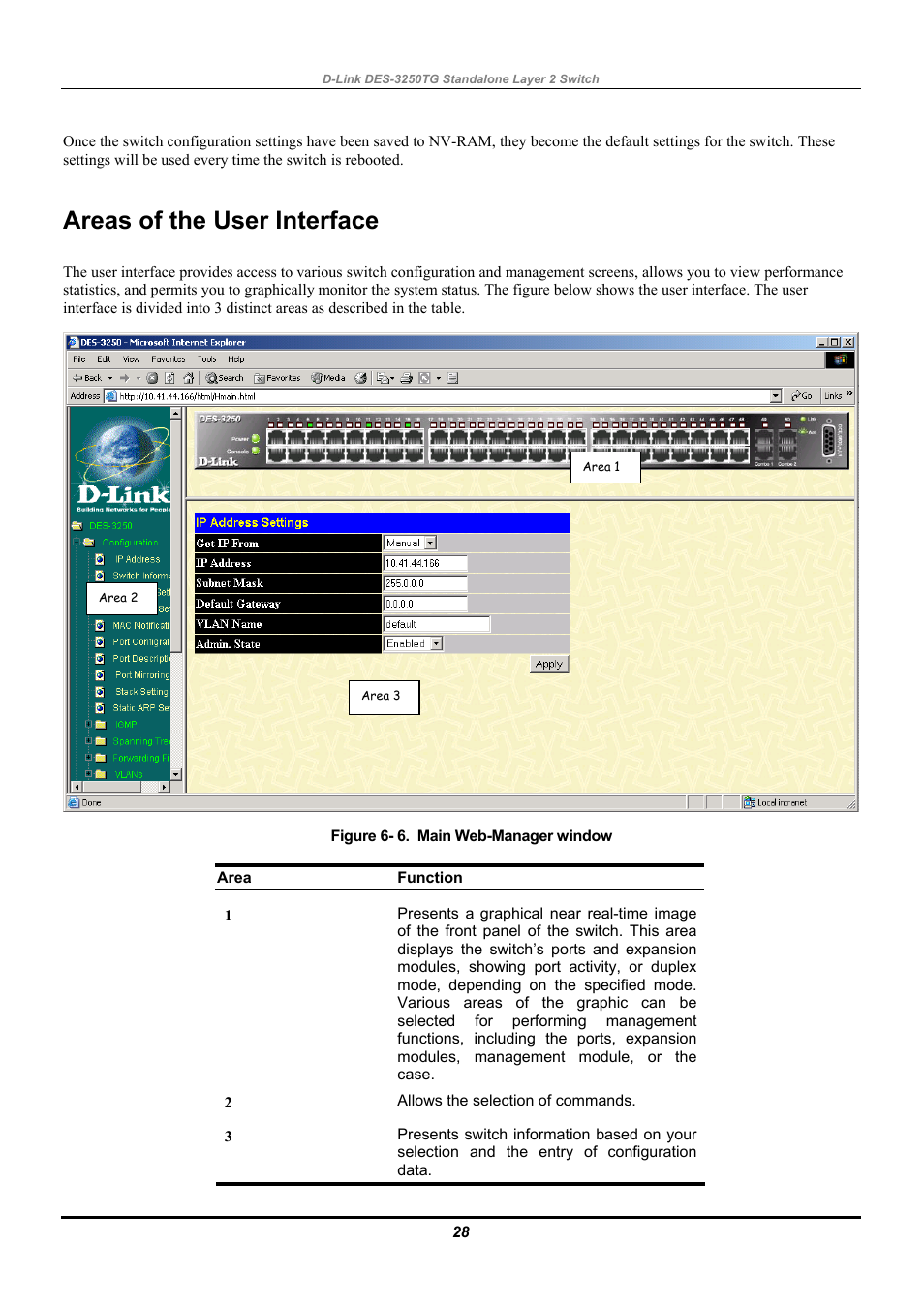 Areas of the user interface | D-Link DES-3250TG User Manual | Page 38 / 186