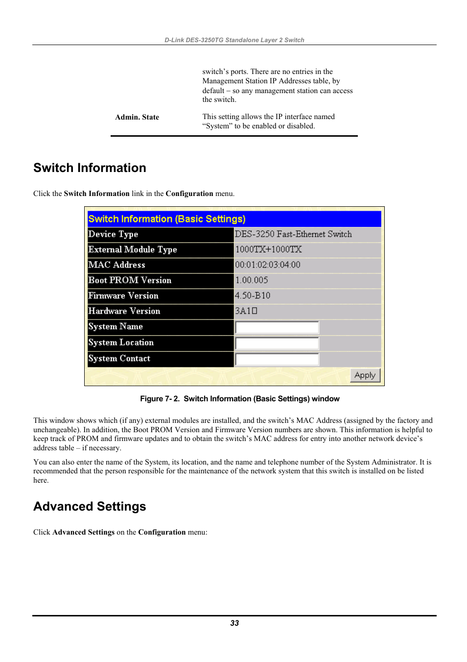 Advanced settings, Switch information | D-Link DES-3250TG User Manual | Page 43 / 186