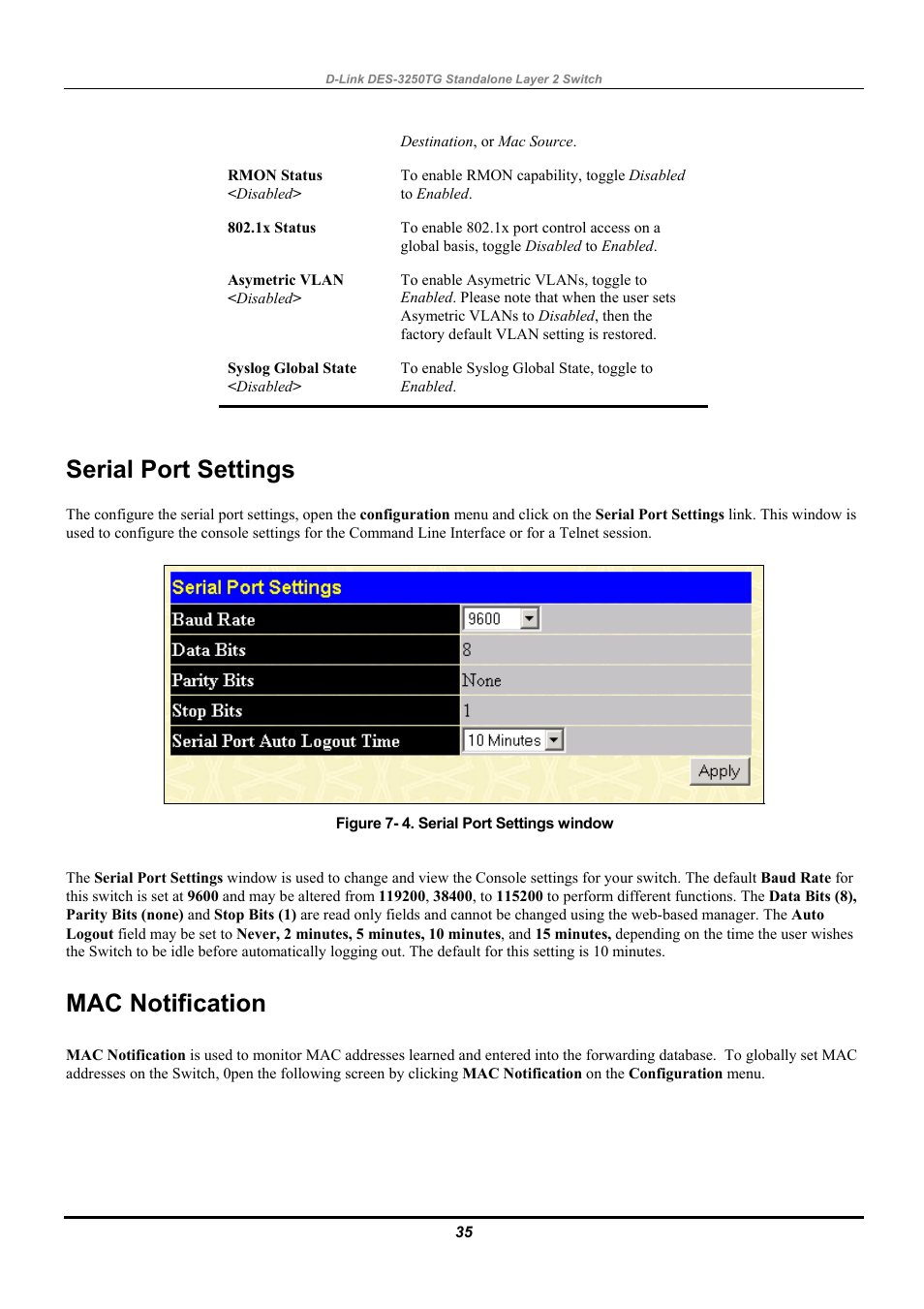 Serial port settings, Mac notification | D-Link DES-3250TG User Manual | Page 45 / 186