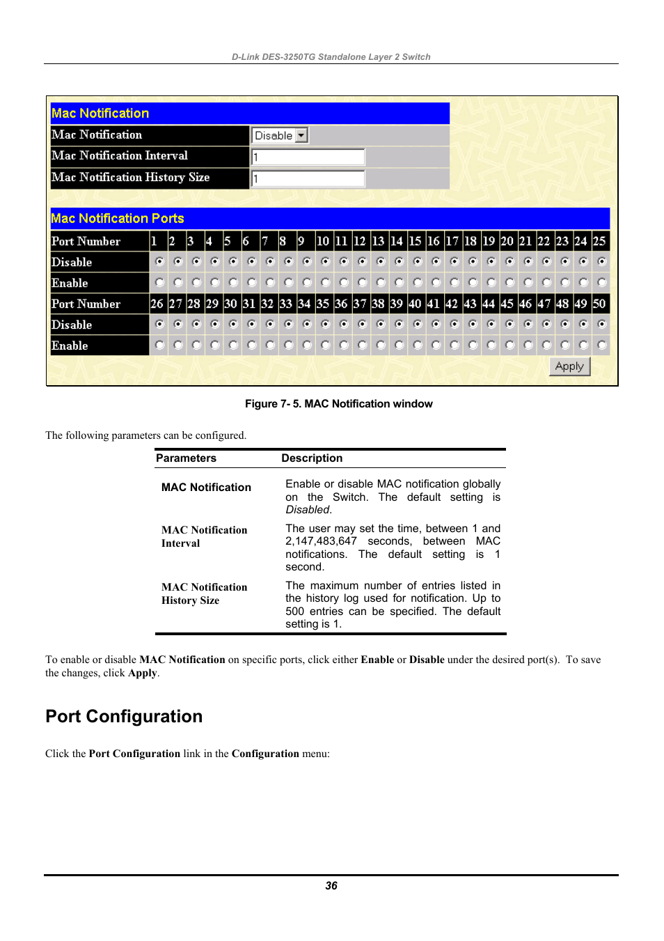 Port configuration | D-Link DES-3250TG User Manual | Page 46 / 186