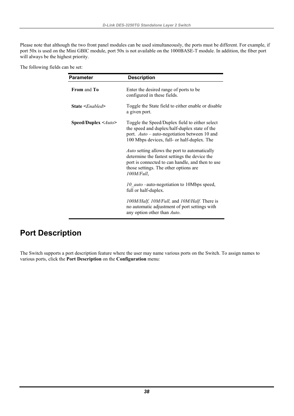 Port description | D-Link DES-3250TG User Manual | Page 48 / 186