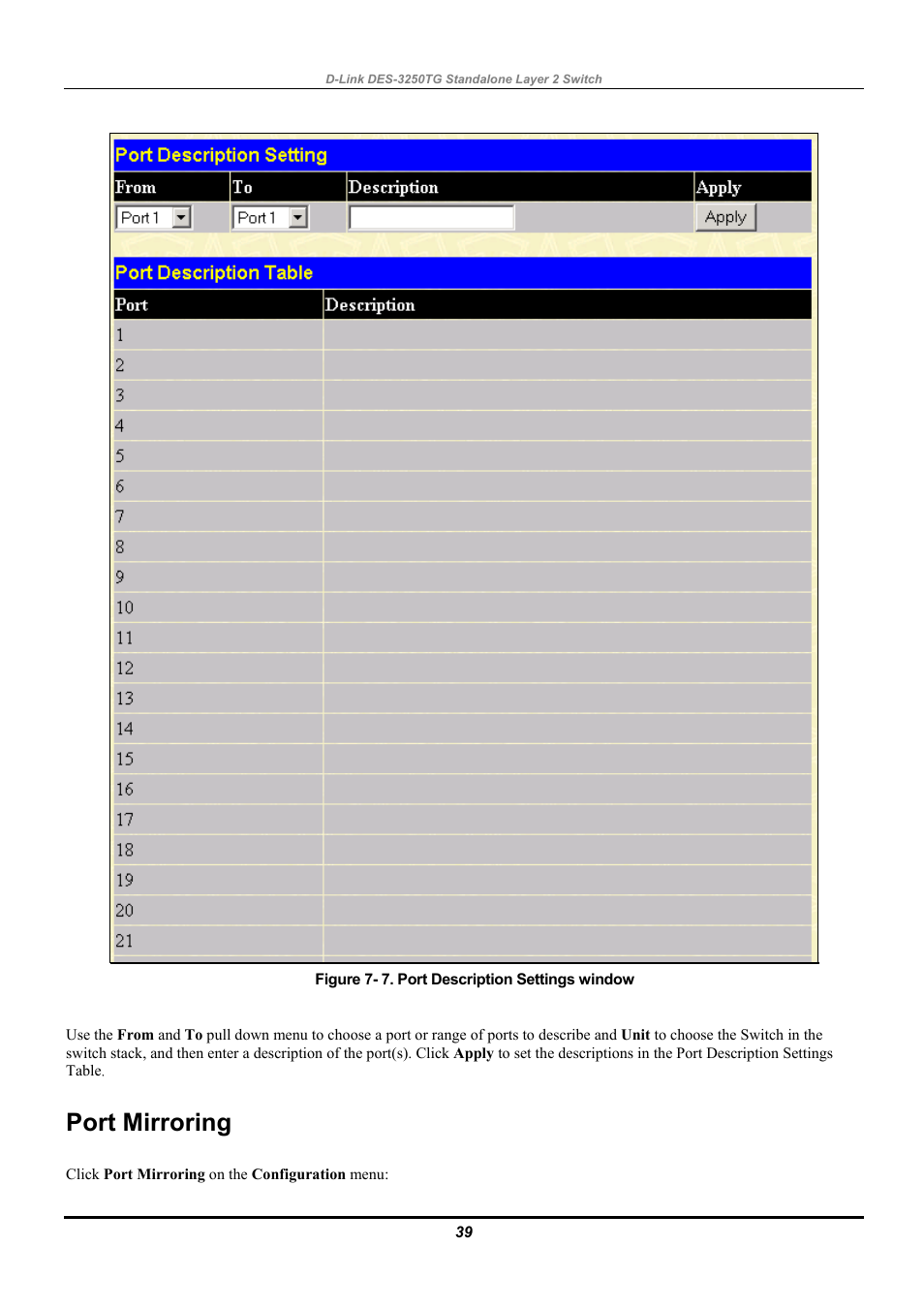 Port mirroring | D-Link DES-3250TG User Manual | Page 49 / 186