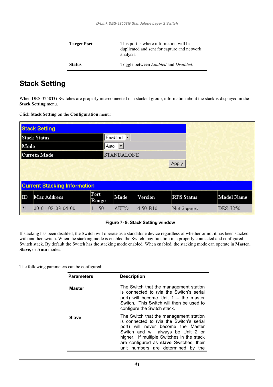 Stack setting | D-Link DES-3250TG User Manual | Page 51 / 186