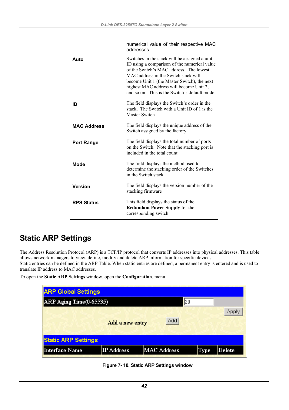 Static arp settings | D-Link DES-3250TG User Manual | Page 52 / 186