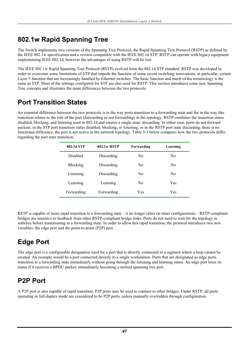 1w rapid spanning tree, Port transition states, Edge port | P2p port | D-Link DES-3250TG User Manual | Page 57 / 186