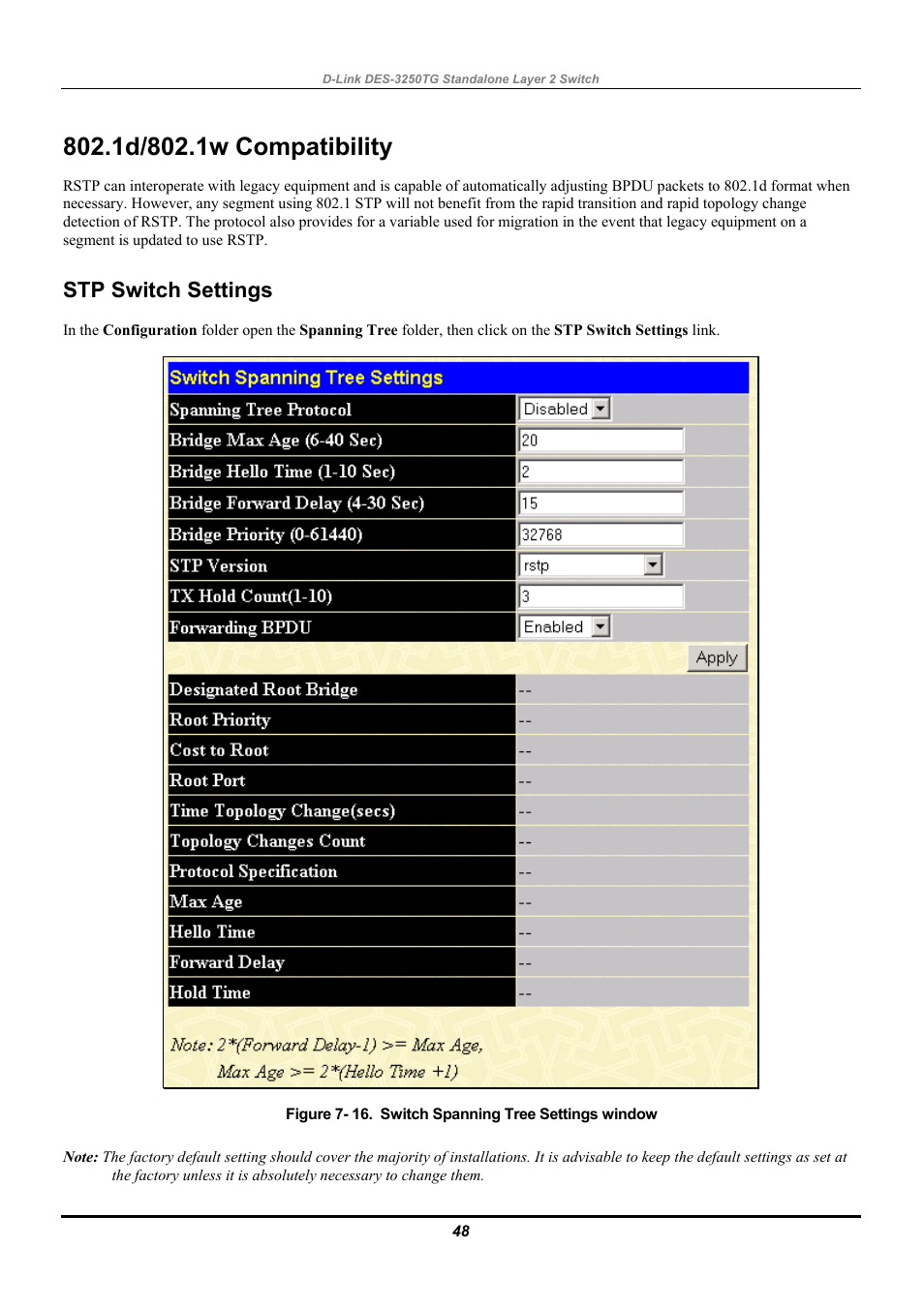 1d/802.1w compatibility, Stp switch settings | D-Link DES-3250TG User Manual | Page 58 / 186