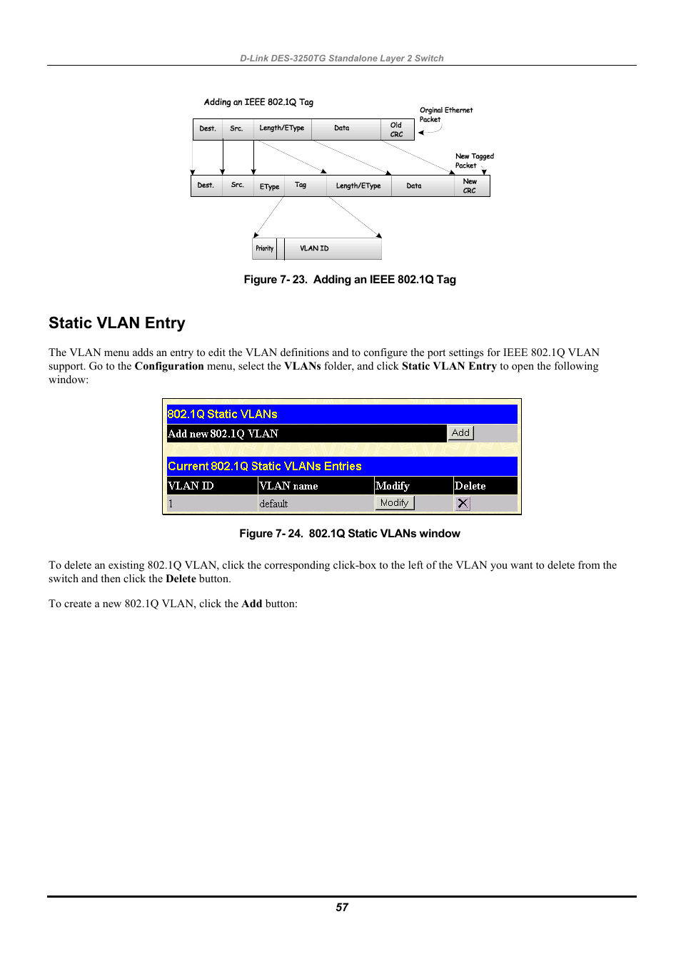 Static vlan entry | D-Link DES-3250TG User Manual | Page 67 / 186