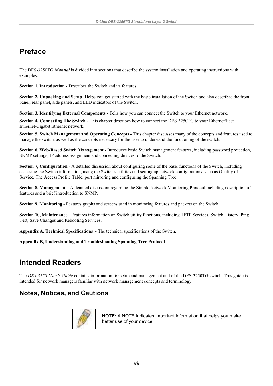 Preface, Intended readers, Notes, notices, and cautions | D-Link DES-3250TG User Manual | Page 7 / 186