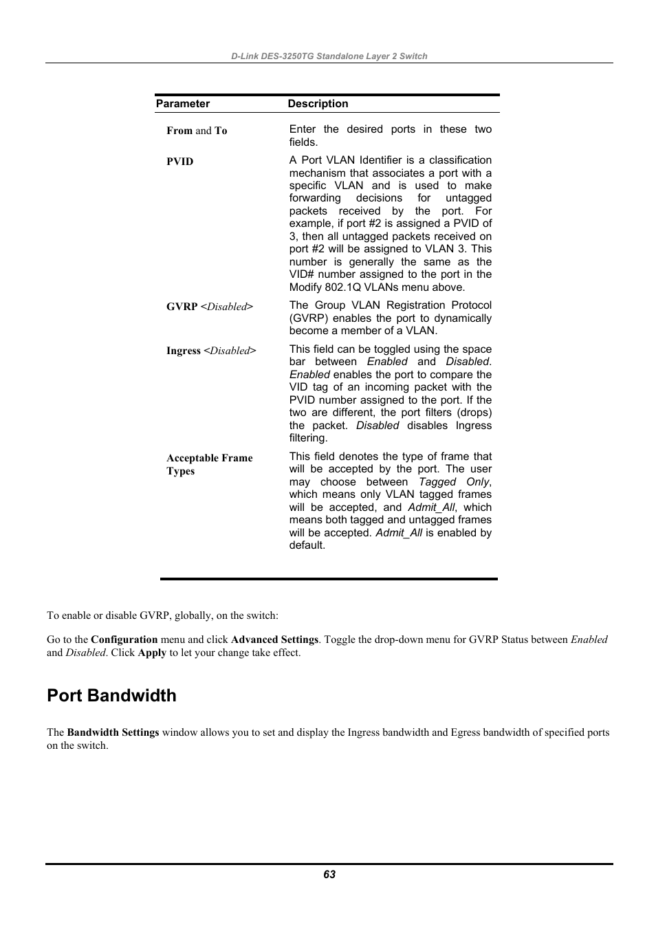 Port bandwidth | D-Link DES-3250TG User Manual | Page 73 / 186