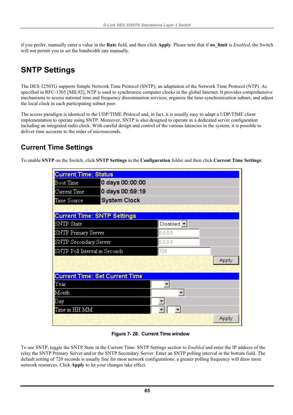 Sntp settings, Current time settings | D-Link DES-3250TG User Manual | Page 75 / 186