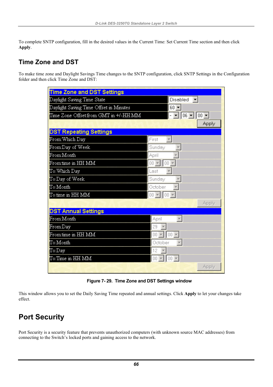 Time zone and dst, Port security | D-Link DES-3250TG User Manual | Page 76 / 186