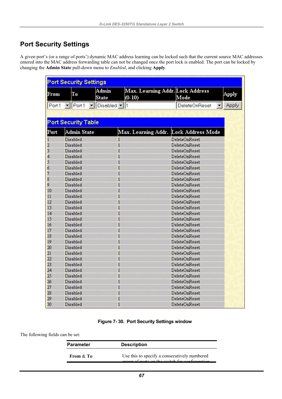 Port security settings | D-Link DES-3250TG User Manual | Page 77 / 186