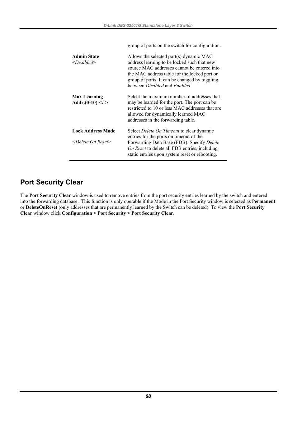 Port security clear | D-Link DES-3250TG User Manual | Page 78 / 186