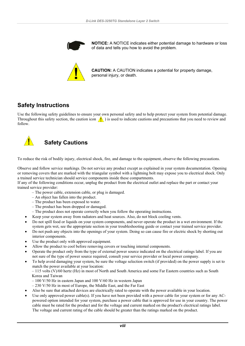 Safety instructions, Safety cautions | D-Link DES-3250TG User Manual | Page 8 / 186