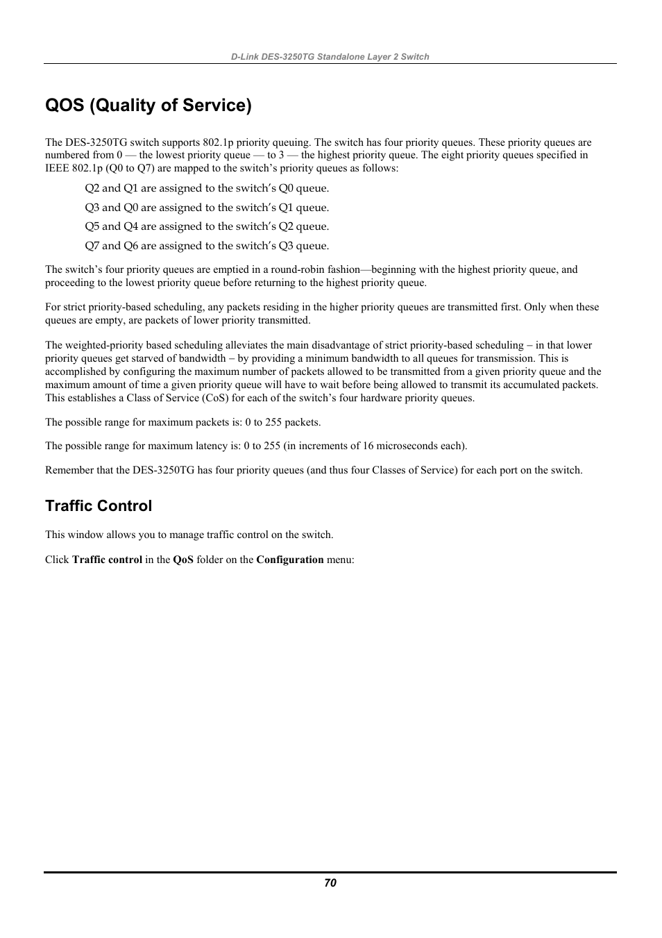 Qos (quality of service), Traffic control | D-Link DES-3250TG User Manual | Page 80 / 186