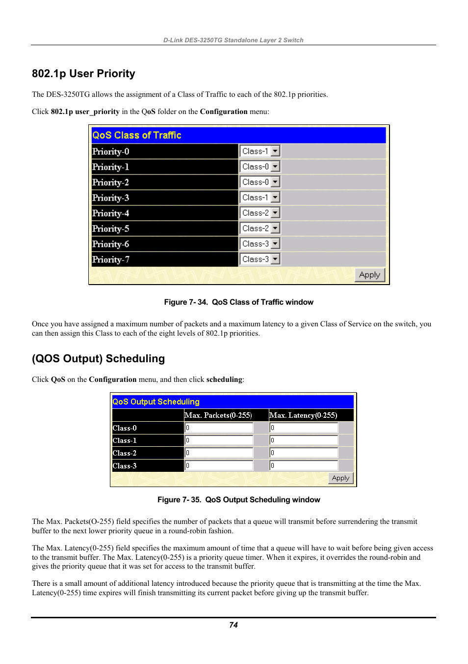 1p user priority, Qos output) scheduling | D-Link DES-3250TG User Manual | Page 84 / 186